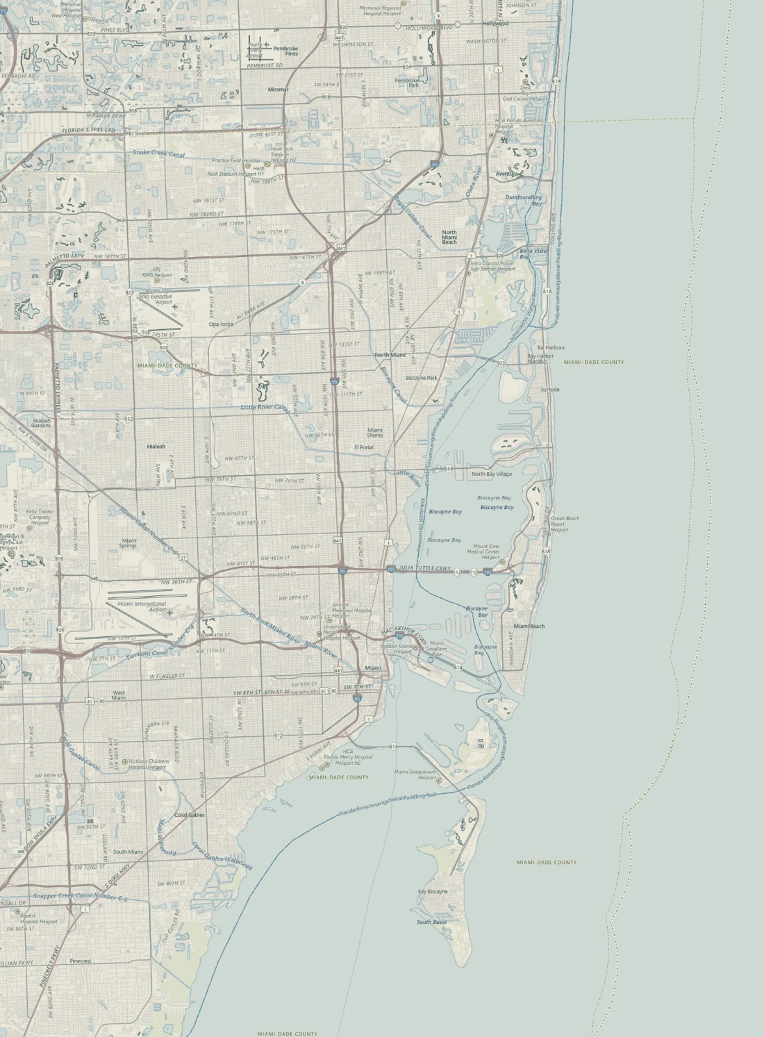 Geographic map of Miami, Biscayne Bay, Miami Beach and the barrier islands