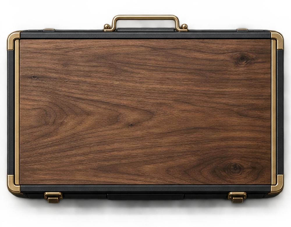 Walnut equipment case with worn brass edging